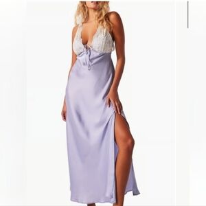 NWOT Free People Countryside Lilac/Blue Satin Lace TrimSlip Maxi Dress Sz Small